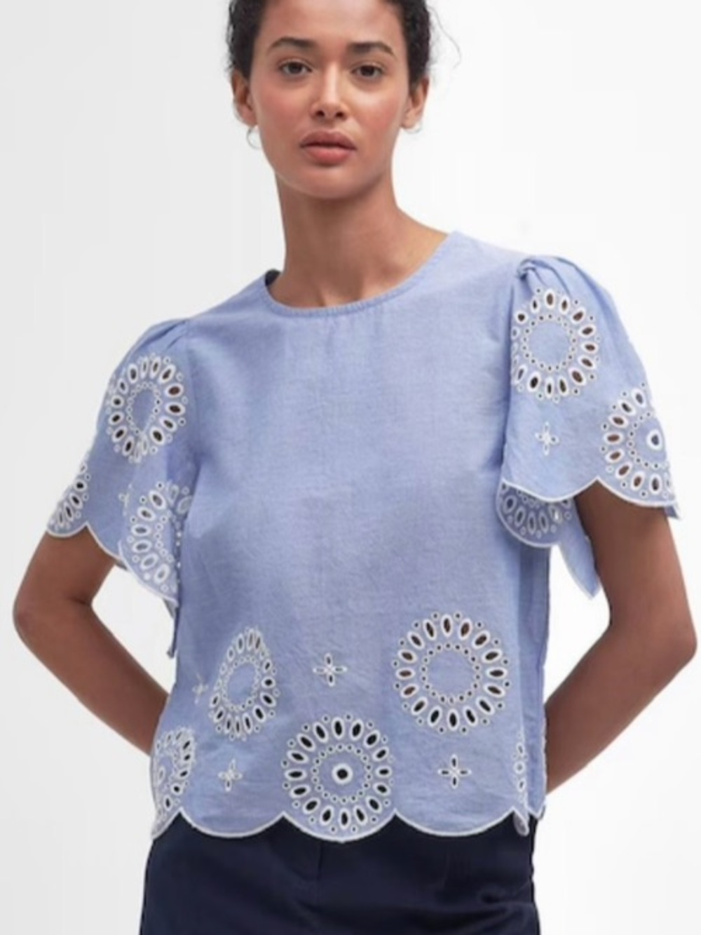 BARBOUR Light Blue Eyelet Scallop Linen Top - Women! NWT! M